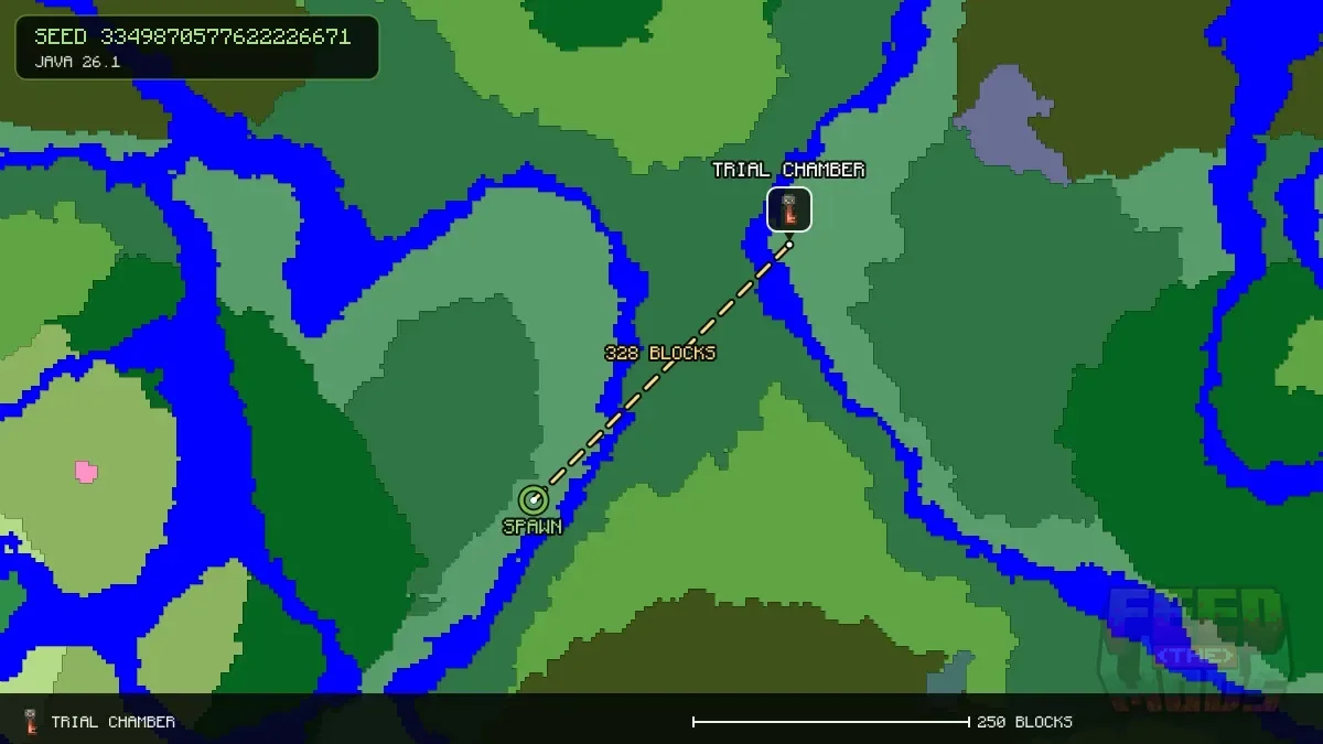 Route from spawn to the trial chamber at 240, -224 (328 blocks)