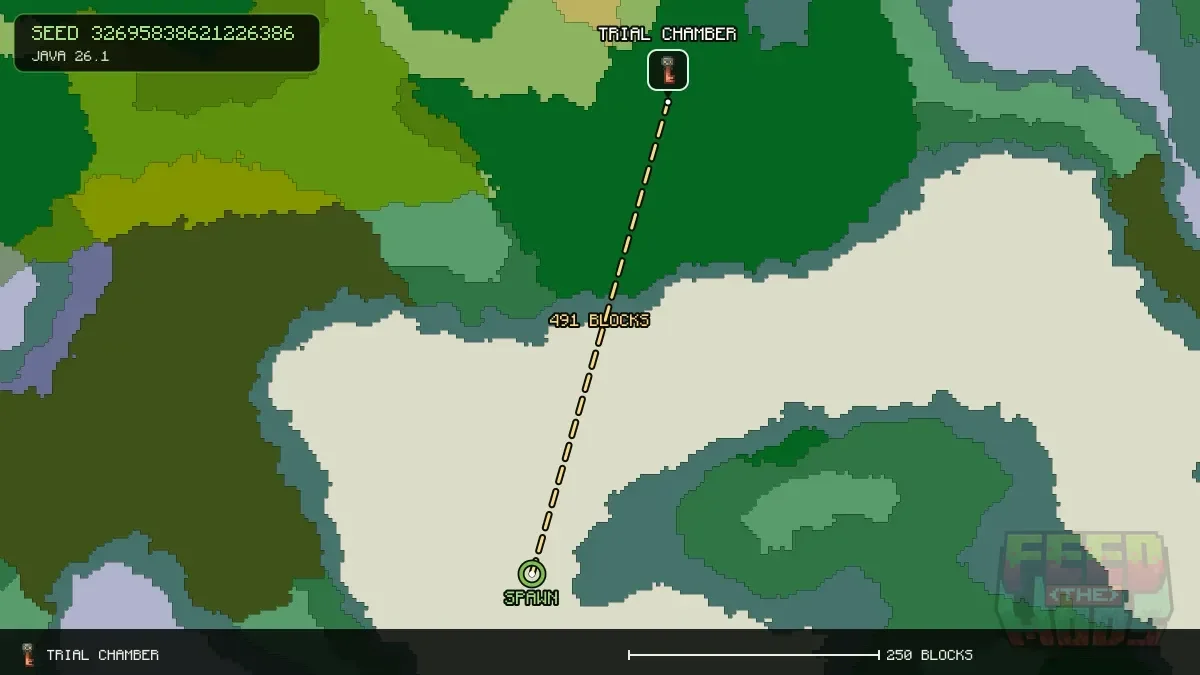 Route from spawn to the trial chamber at 160, -384 (491 blocks)