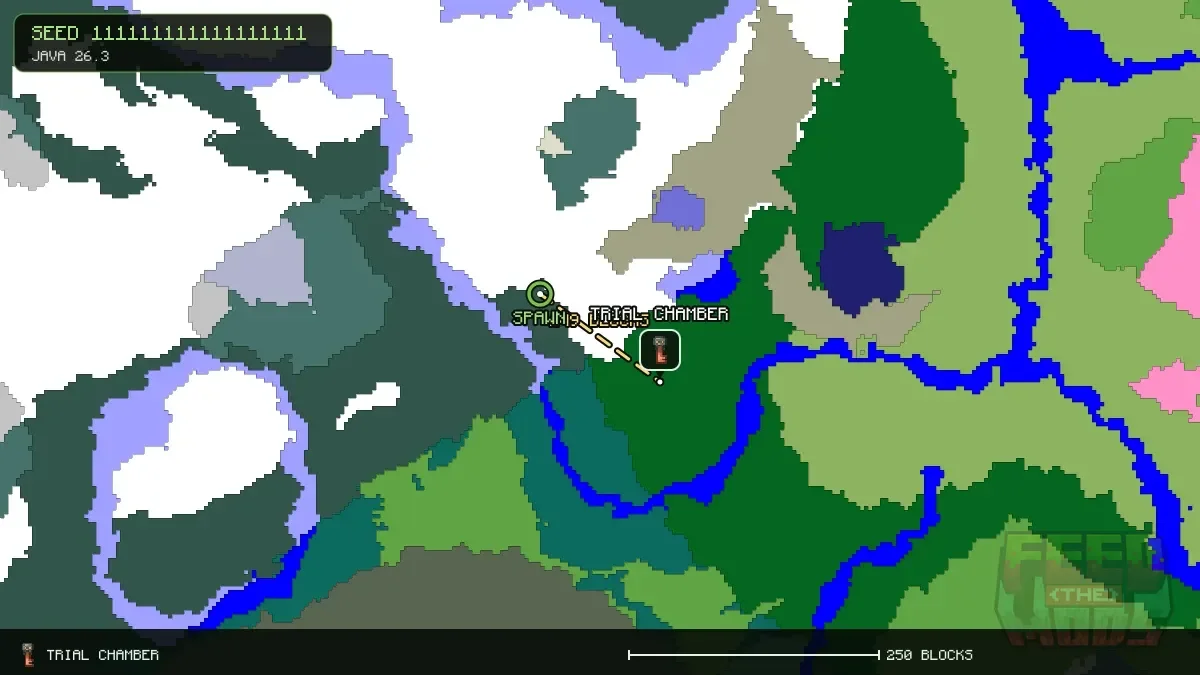 Route from spawn to the trial chamber at 128, 96 (149 blocks)