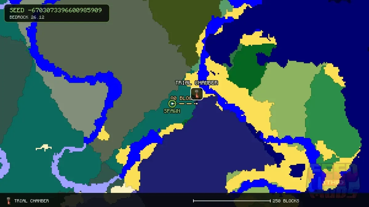 Route from spawn to the trial chamber at 88, 8 (80 blocks)