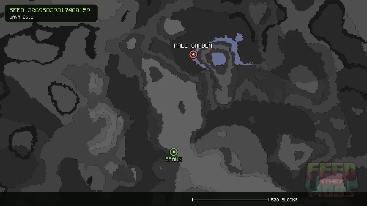 Pale Garden highlighted, 653 blocks from spawn