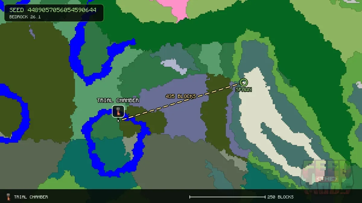 Route from spawn to the trial chamber at -408, 136 (435 blocks)
