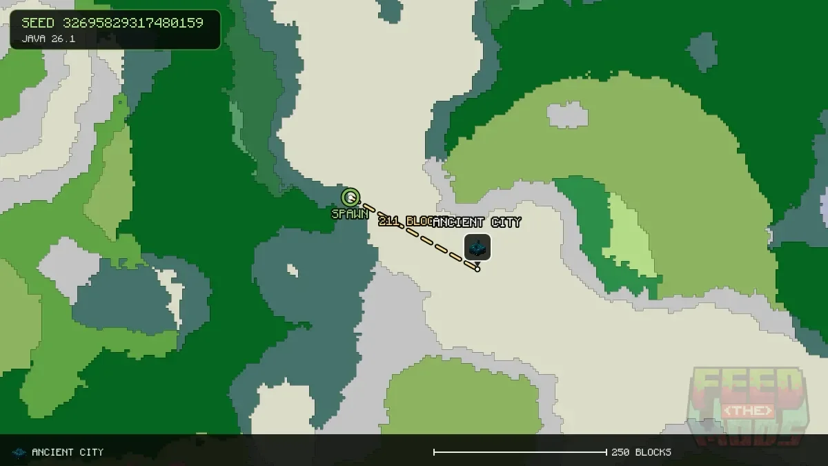 Route from spawn to the ancient city at 144, 192 (211 blocks)