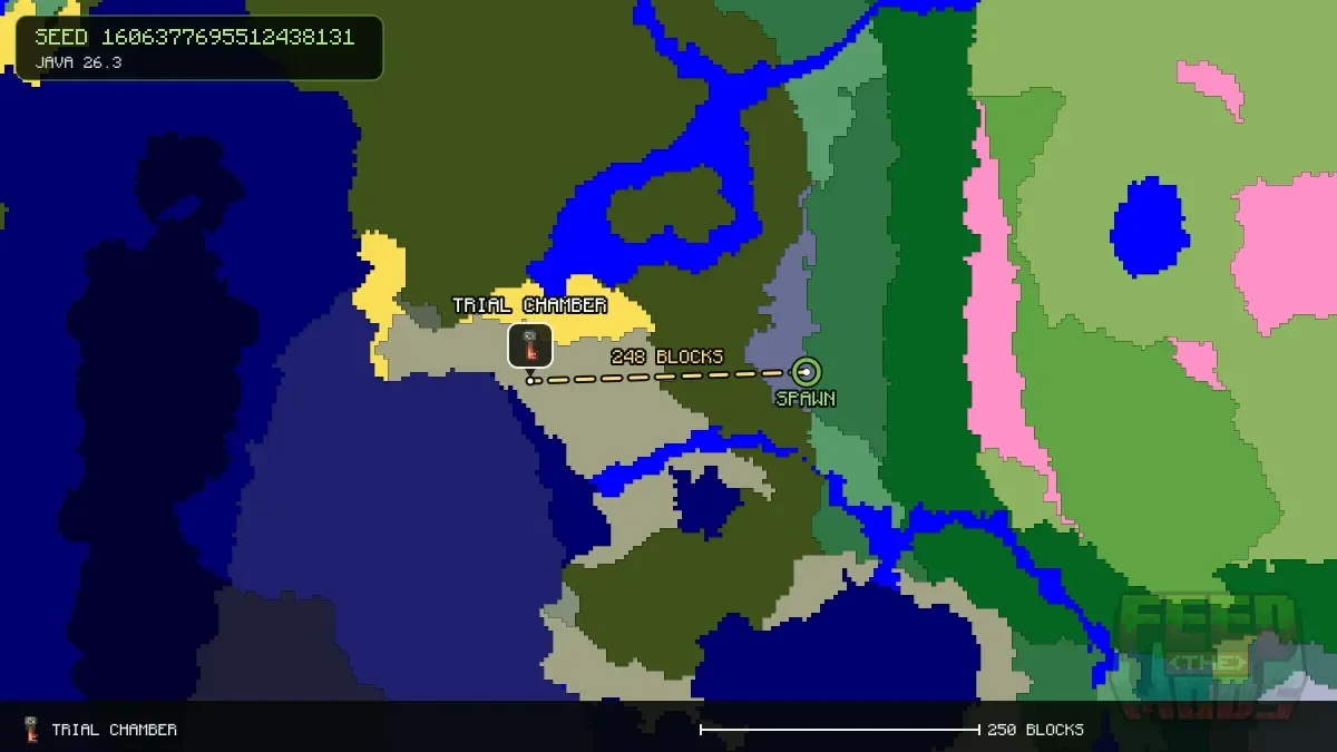 Route from spawn to the trial chamber at -240, 16 (248 blocks)