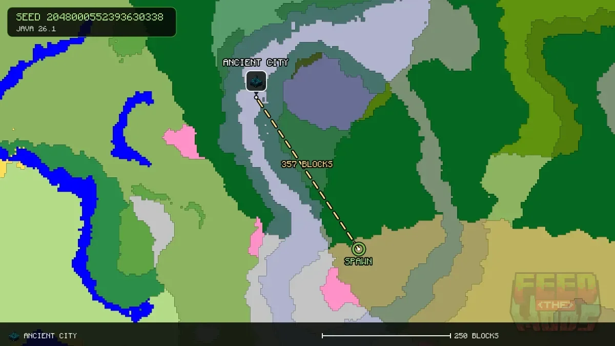 Route from spawn to the ancient city at -176, -336 (357 blocks)