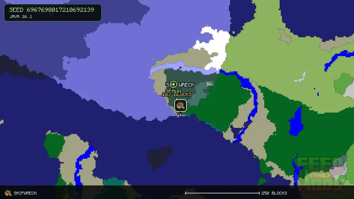 Route from spawn to the shipwreck at 800, 576 (107 blocks)