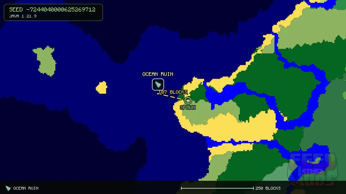 Route from spawn to the ocean ruin at 416, 96 (107 blocks)