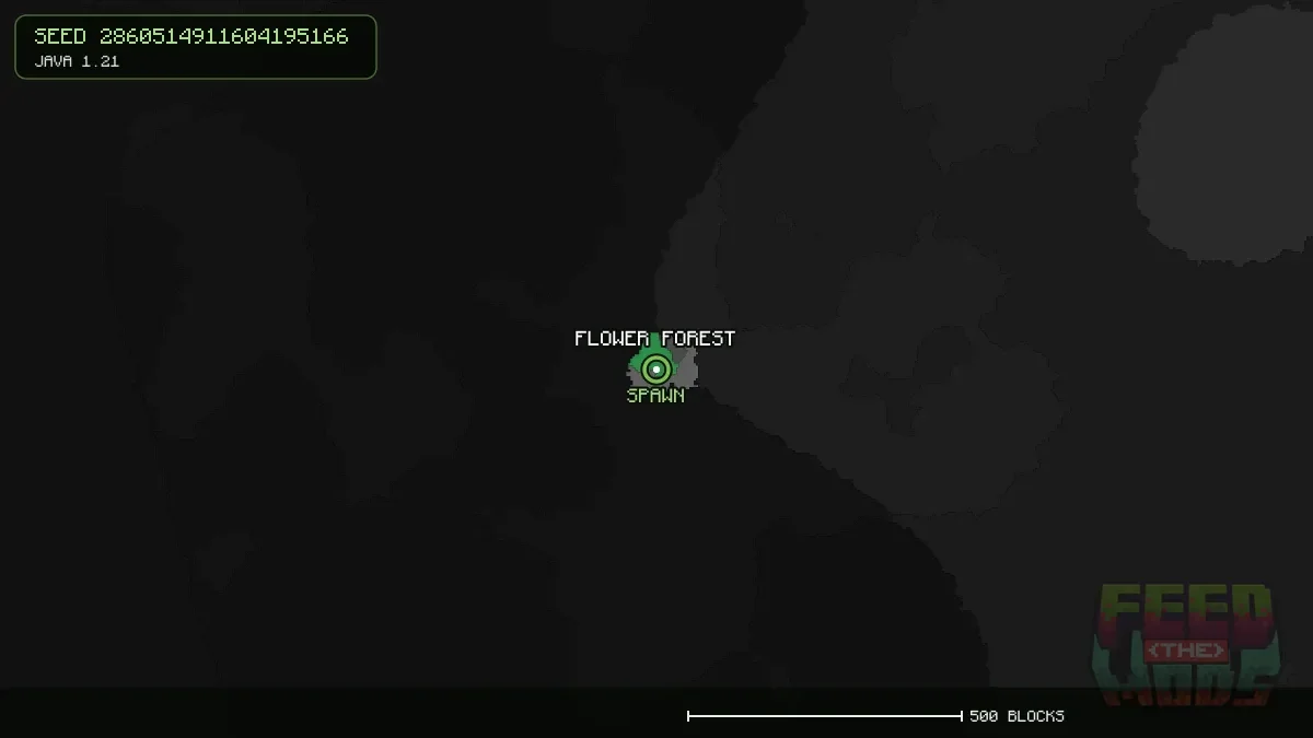 Flower Forest highlighted, 0 blocks from spawn