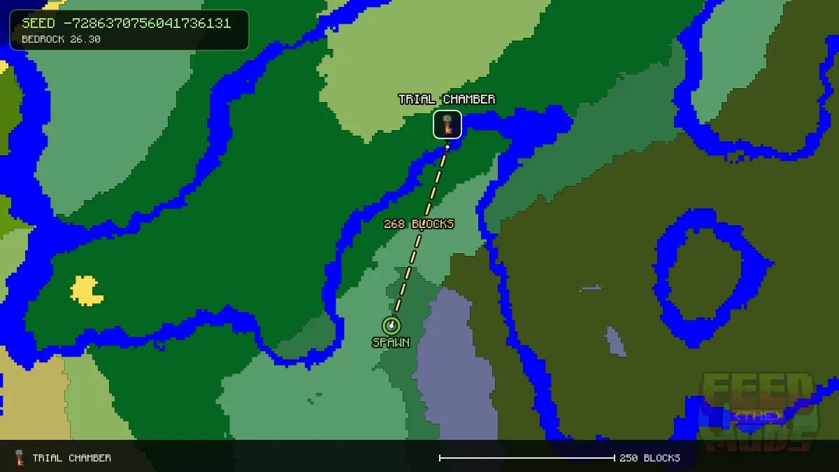 Route from spawn to the trial chamber at 88, -248 (268 blocks)