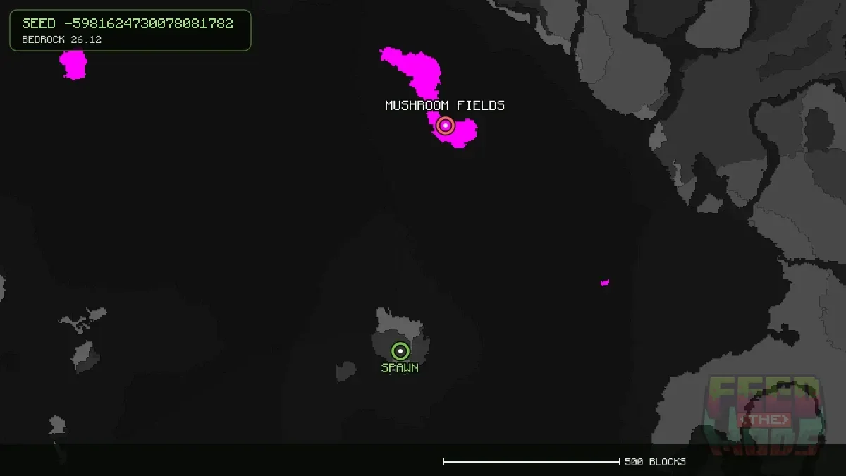 Mushroom Fields highlighted, 653 blocks from spawn