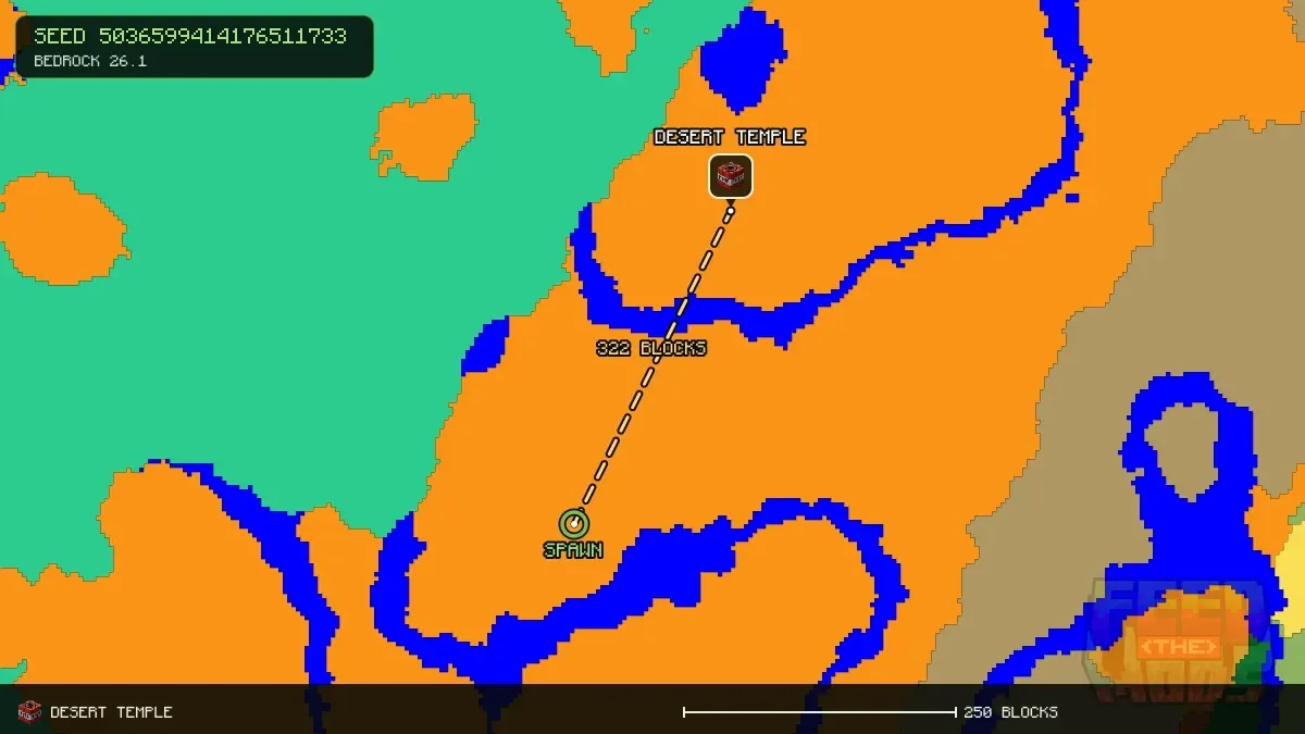 Route from spawn to the desert temple at 152, -280 (322 blocks)