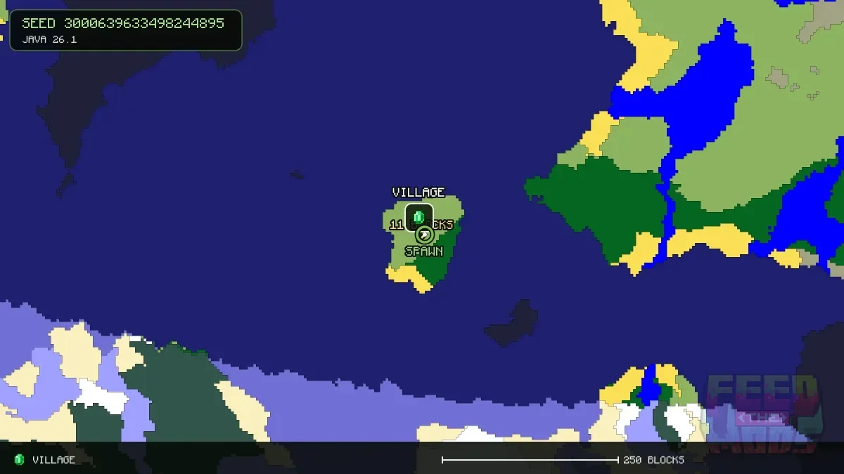 Route from spawn to the village at 0, 16 (11 blocks)