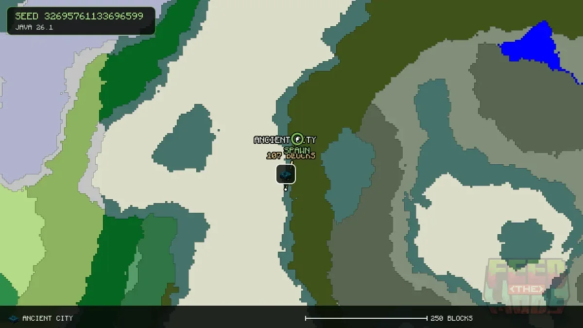 Route from spawn to the ancient city at 144, 112 (107 blocks)