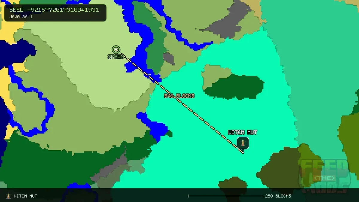 Route from spawn to the witch hut at 352, 368 (546 blocks)