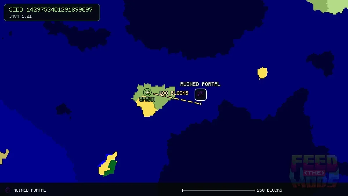 Route from spawn to the ruined portal at 352, 32 (188 blocks)