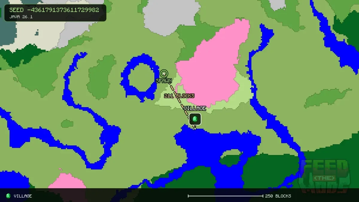 Route from spawn to the village at 144, 176 (211 blocks)