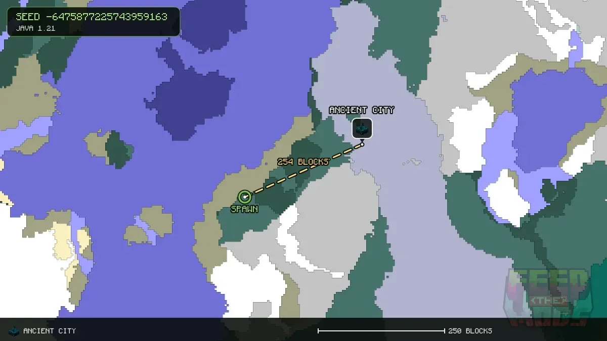 Route from spawn to the ancient city at 384, 128 (254 blocks)