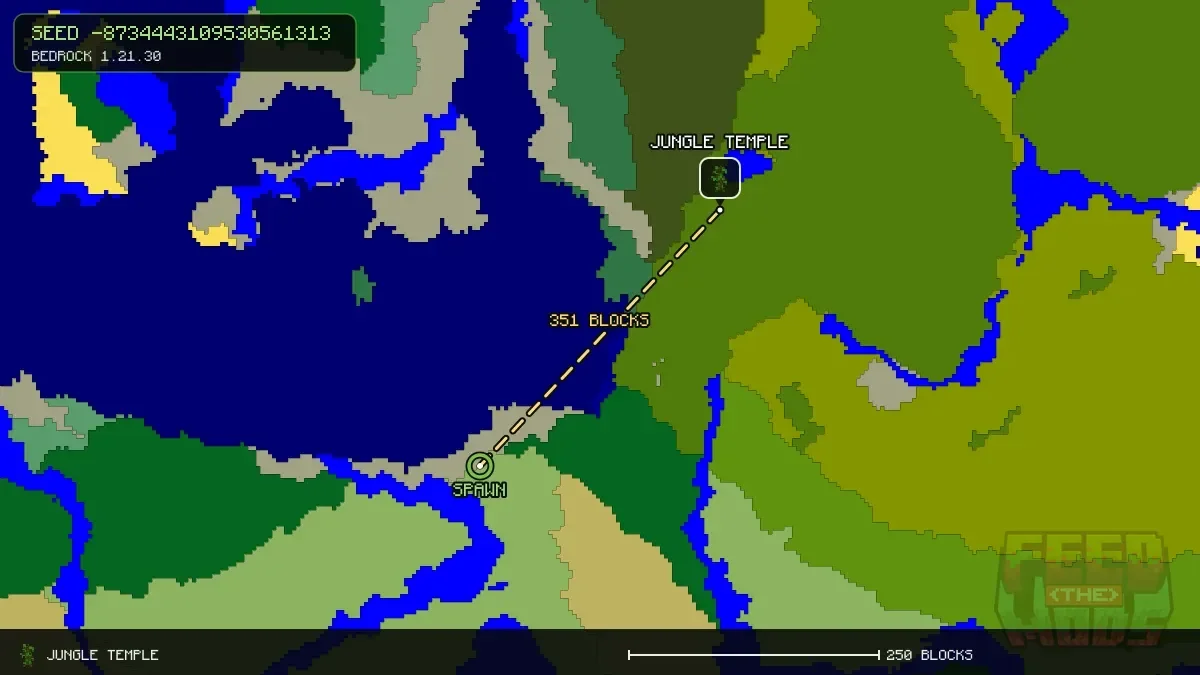 Route from spawn to the jungle temple at 296, -216 (351 blocks)