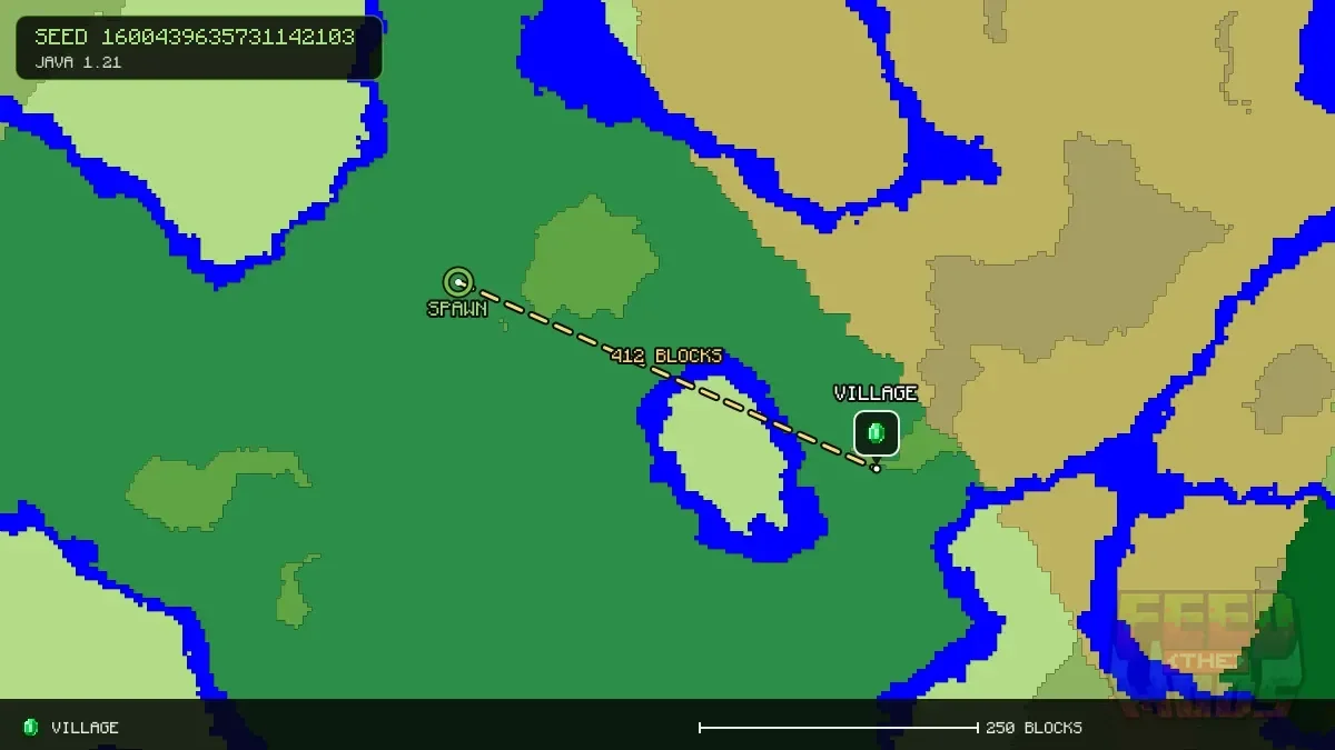 Route from spawn to the village at 384, 176 (412 blocks)