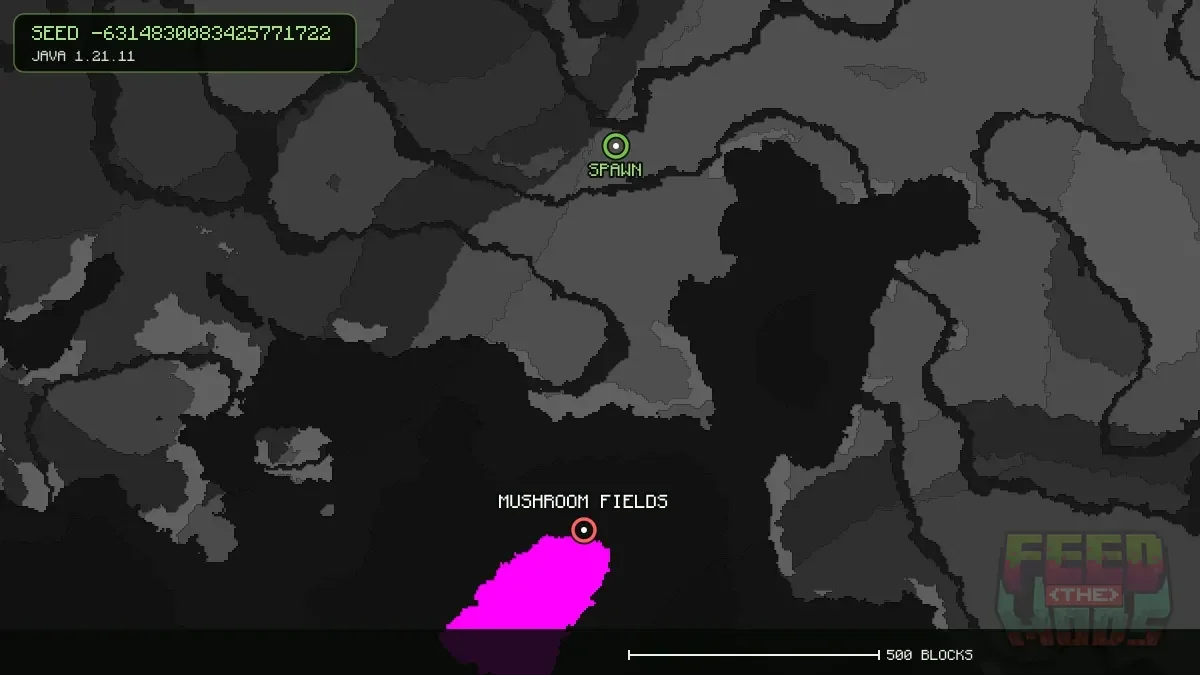 Mushroom Fields highlighted, 771 blocks from spawn