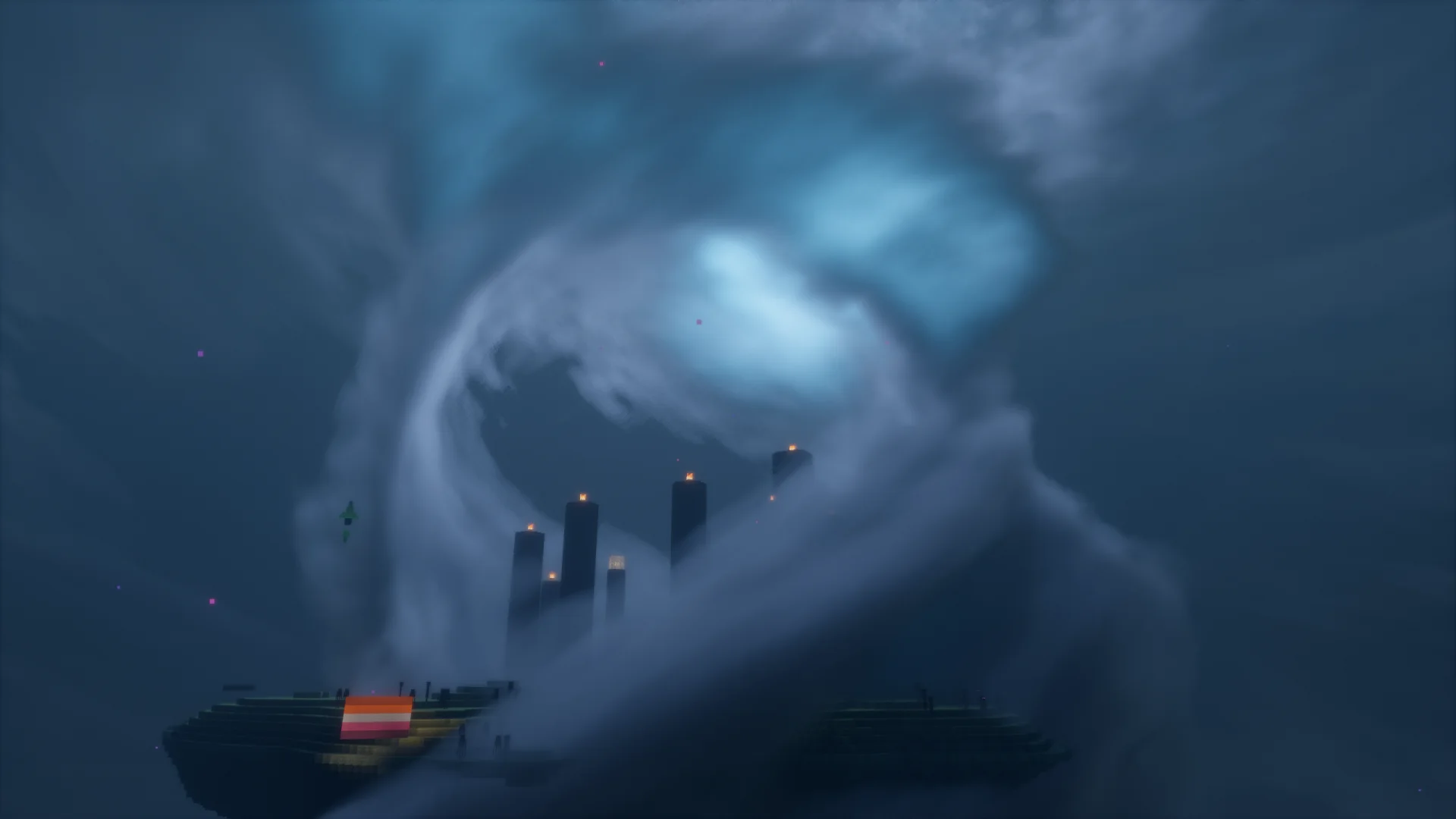 The End dimension shrouded in swirling volumetric clouds around the obsidian pillars