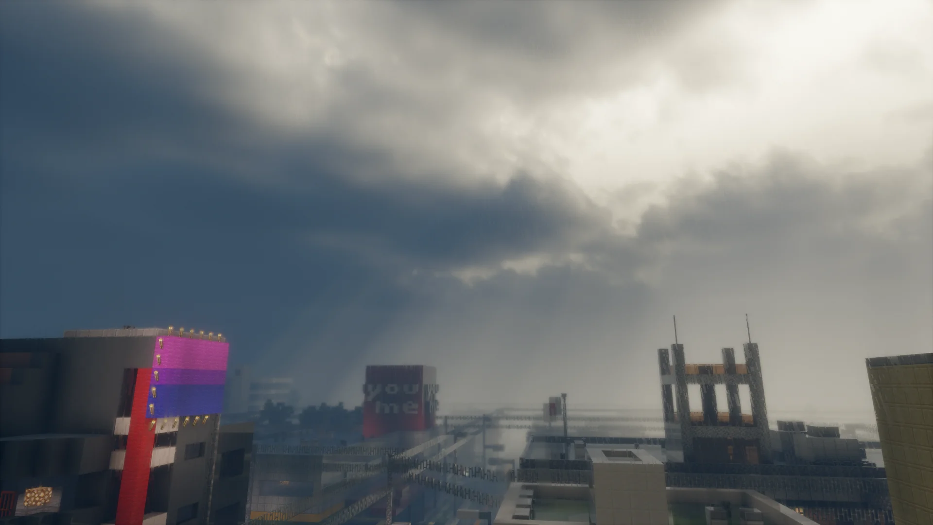 Rain falling over a city build with neon signs beneath heavy storm clouds