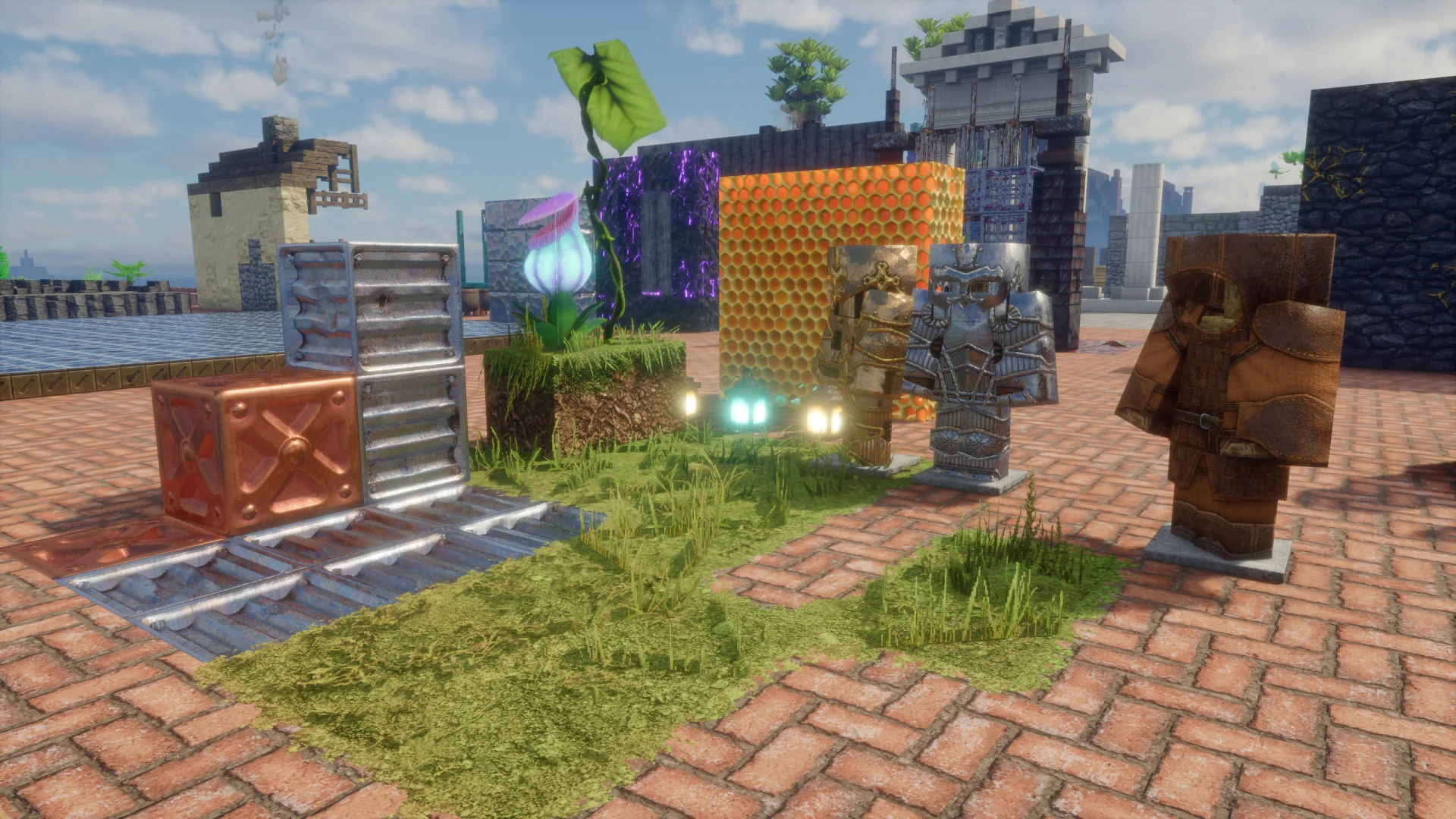 Blocks and armor stands with varied LabPBR materials showing reflections and emissives