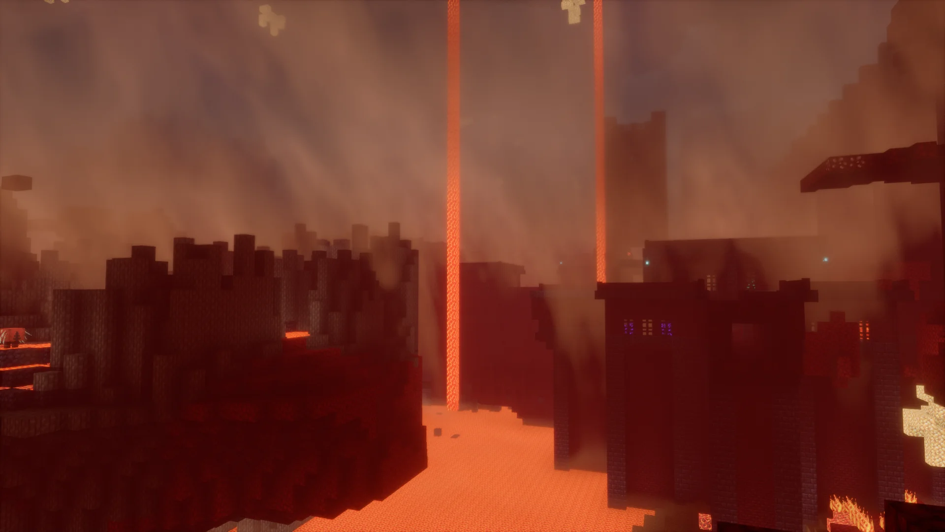 Nether landscape with a lava sea, glowing fog and a lava column