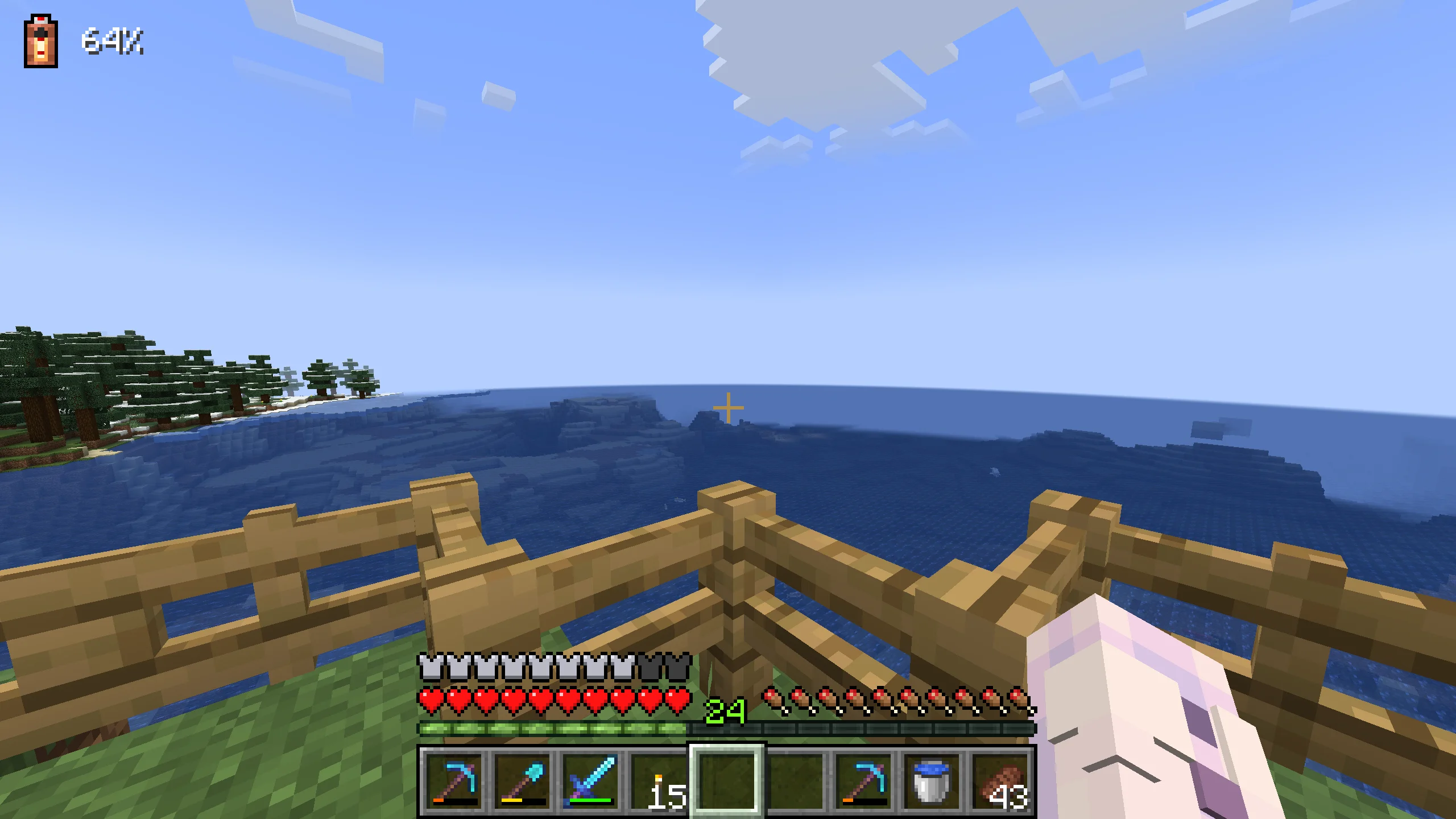 First-person gameplay with the mod's battery indicator showing 64% in the top-left HUD