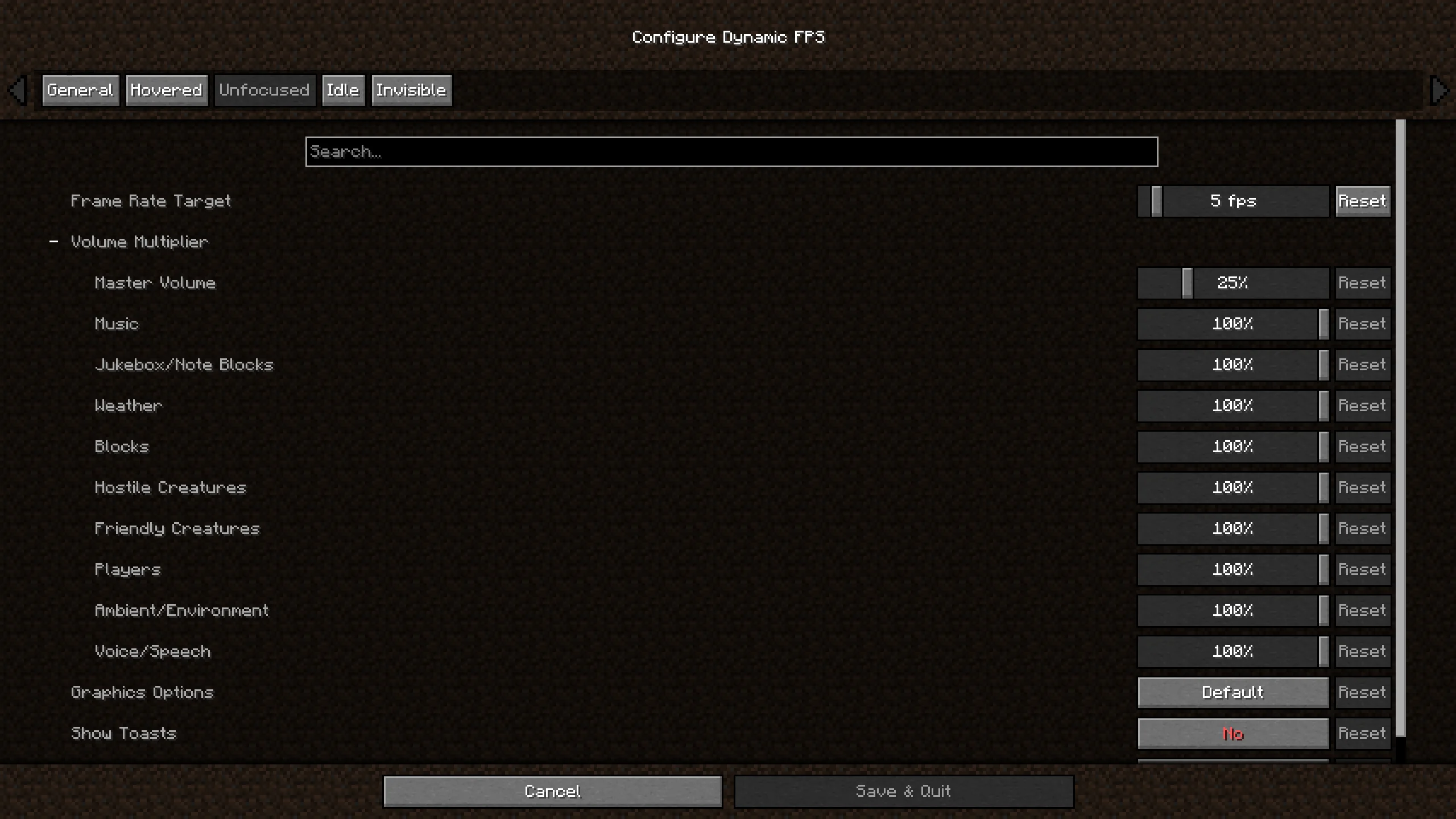 Dynamic FPS config screen listing per-category sound volume sliders