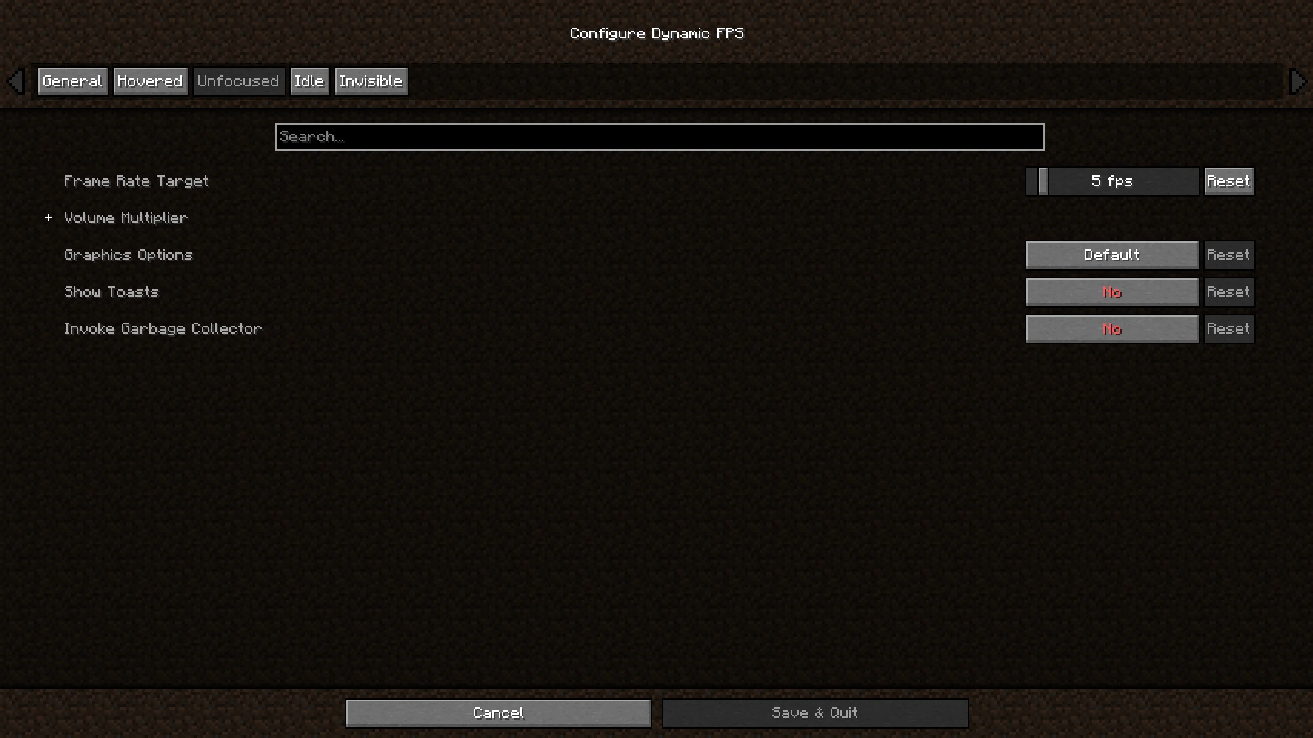 Per-status config tabs for general, hovered, unfocused, idle and invisible states