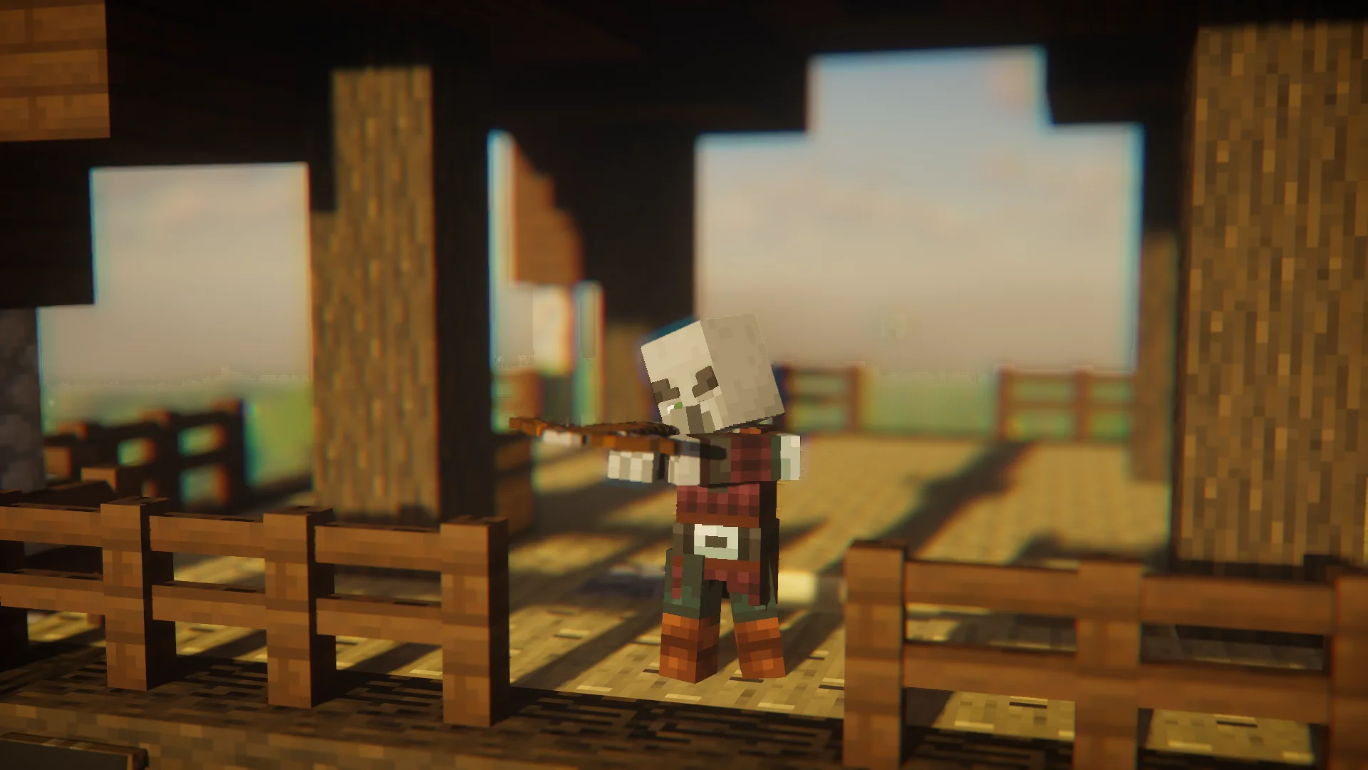 Pillager with crossbow posed in a warm-lit village with Iris shaders