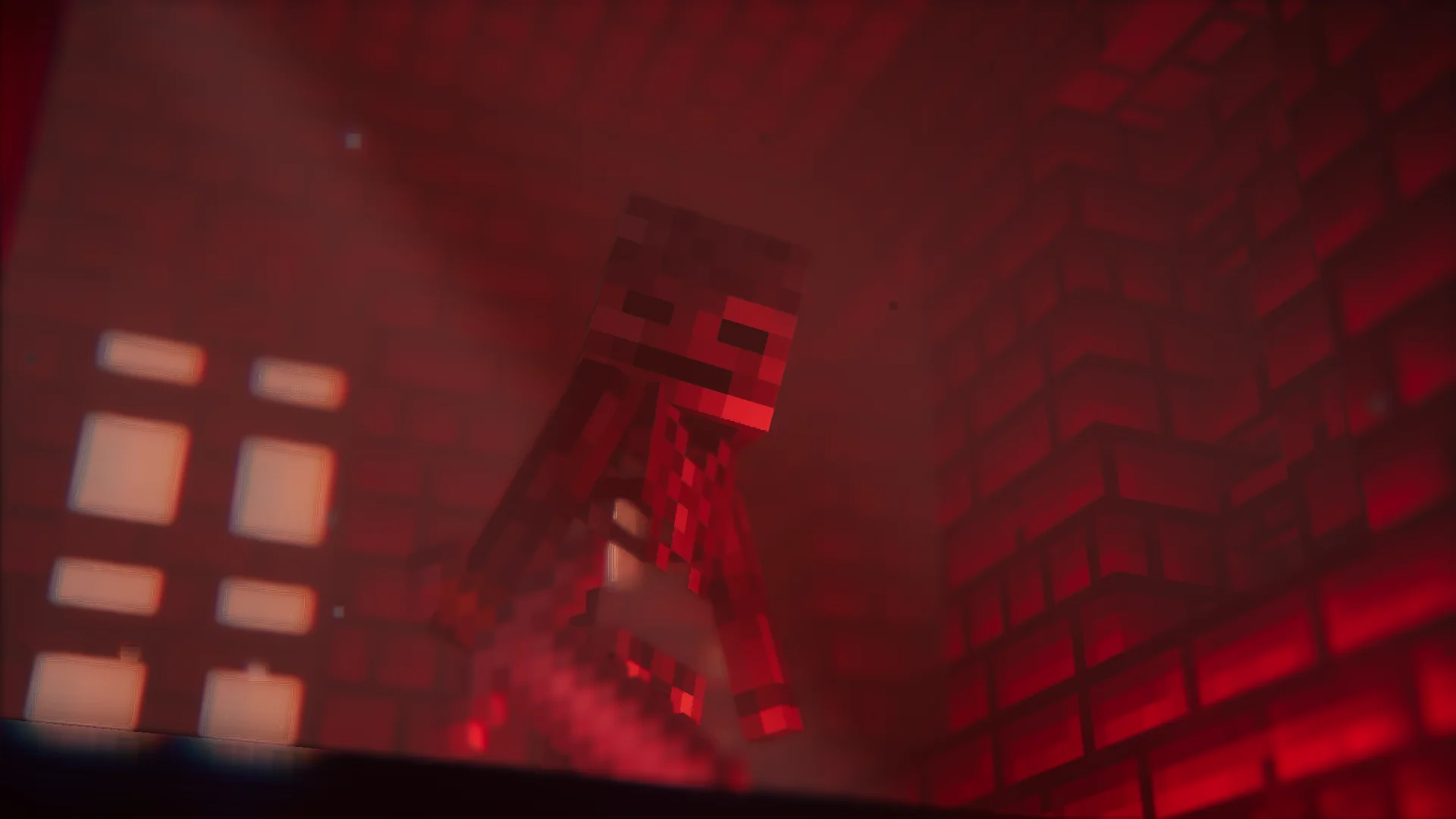 Skeleton in a red-lit nether brick fortress with shaders