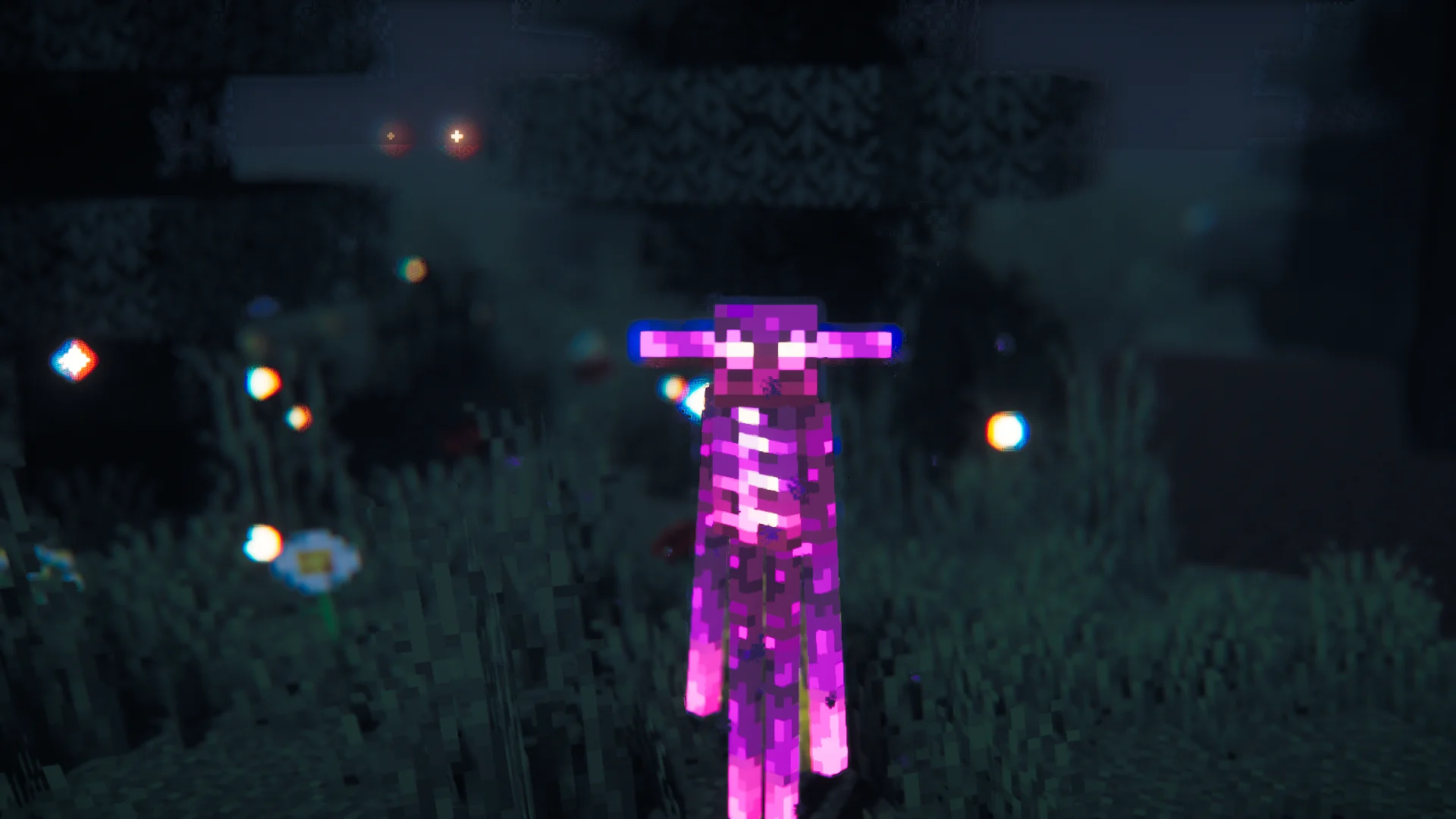 Custom enderman model glowing purple-pink in a night field