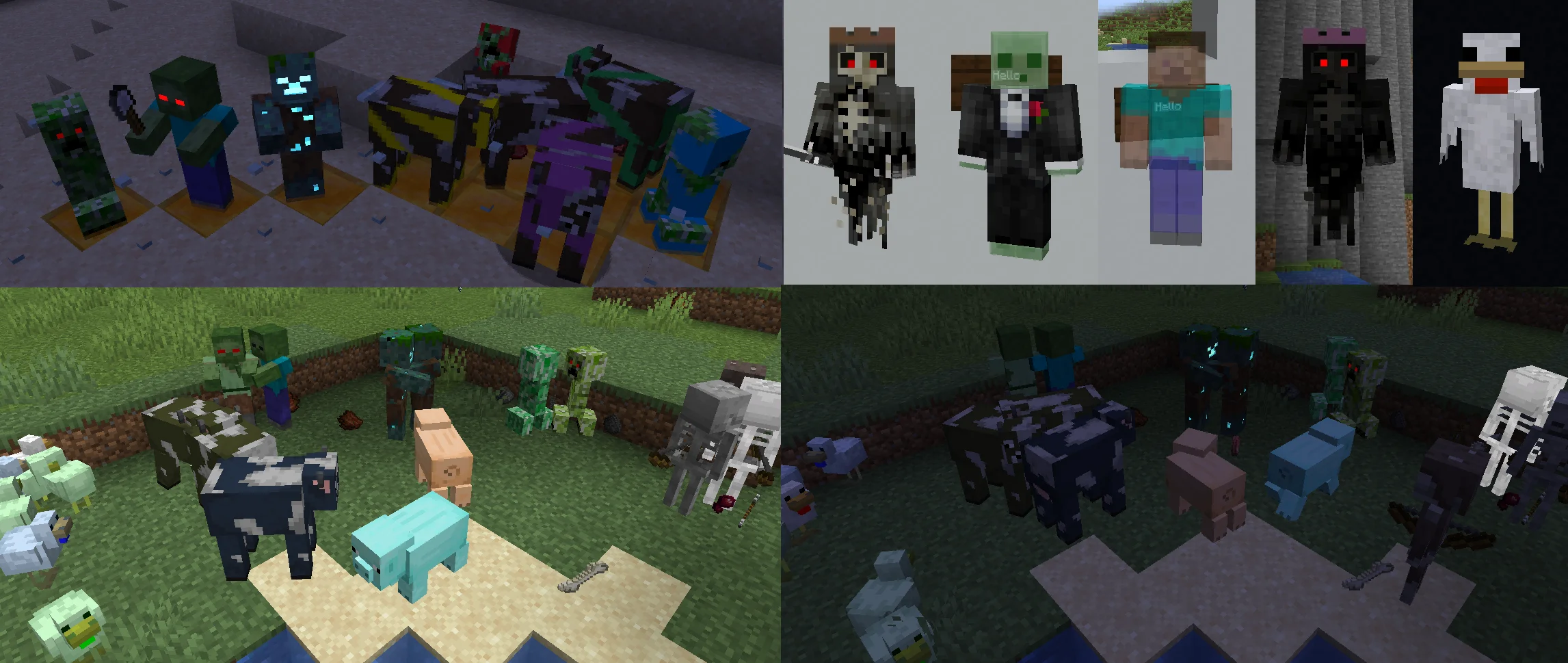 ETF example collage: variant zombies and skeletons with glowing emissive parts, plus random cow, pig, creeper and sheep texture variants in day and night scenes