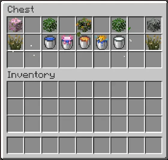 Chest GUI filled with buckets holding fish and axolotls, plants and cobblestone