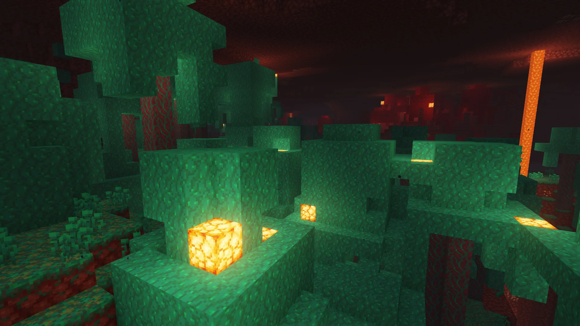 Warped nether forest lit by glowstone and a lava column