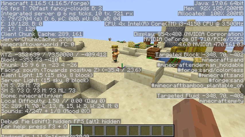F3 debug screen showing 68 fps and 100% of a 200MB memory allocation