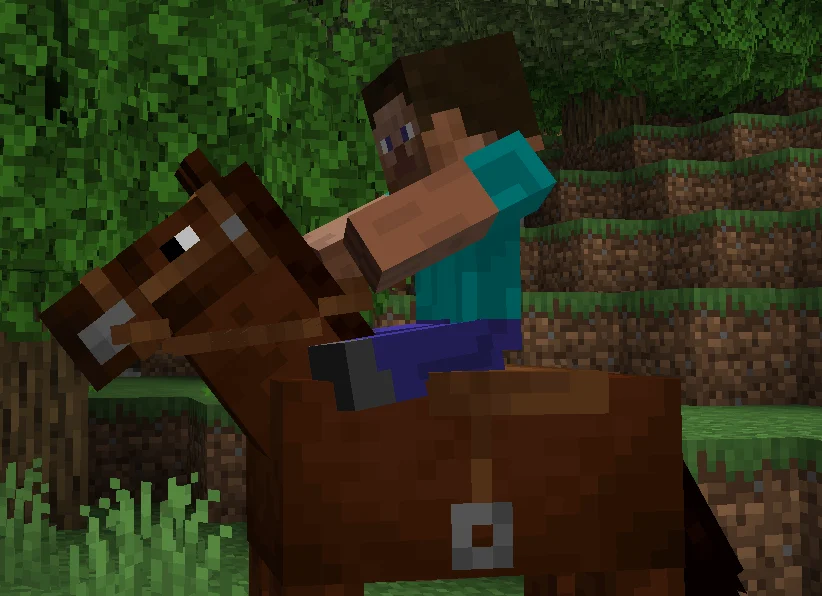 Player character in an animated riding pose on a horse in a forest