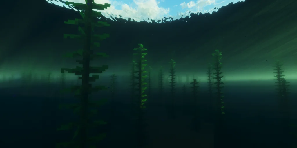 Underwater view of kelp forest with volumetric light rays filtering through green-tinted water