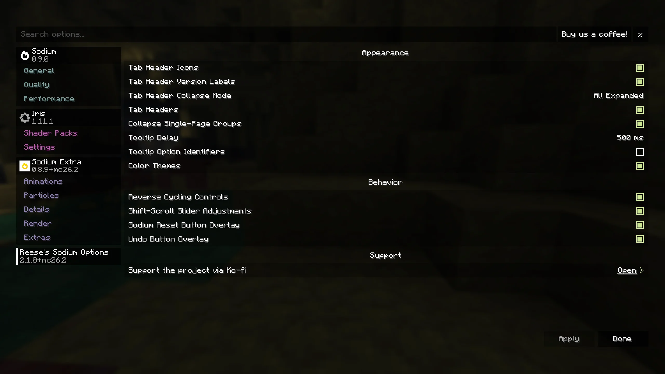 Default Reese's Sodium Options screen with category sidebar and appearance settings
