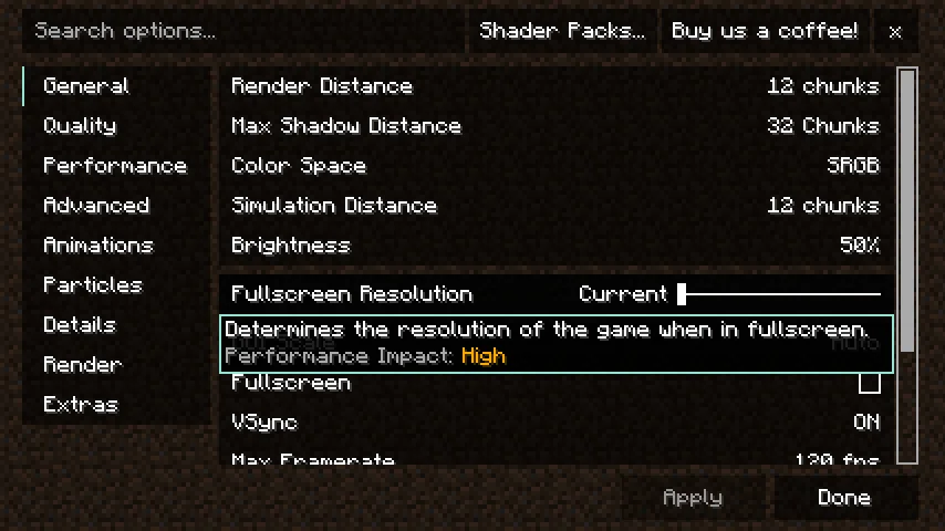 Options screen with search bar and a tooltip showing performance impact for fullscreen resolution