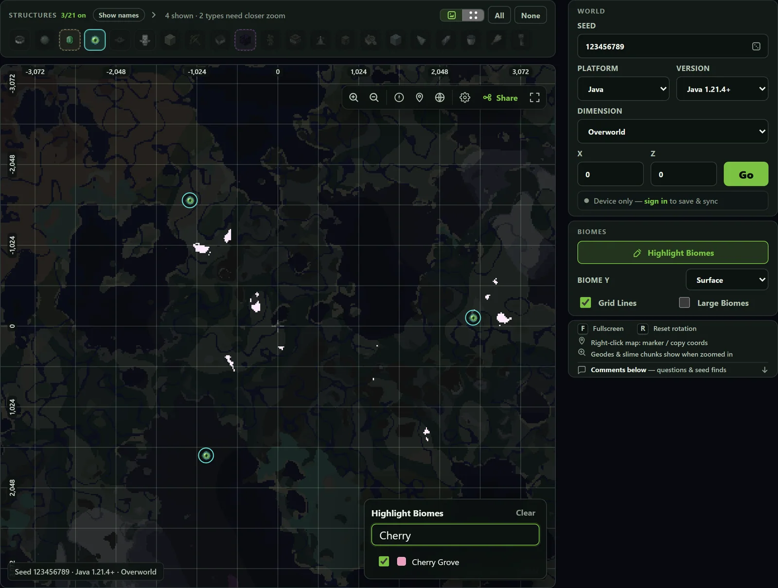 Highlight Biomes popover searching for Cherry Grove with selected biome swatch, highlighted map regions, grid lines, and live biome readout.