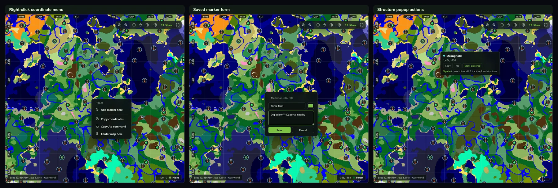 Seed Map marker workflow showing the right-click coordinate menu, saved marker form with name color and note fields, and structure popup actions for Copy, /tp, and Mark explored.