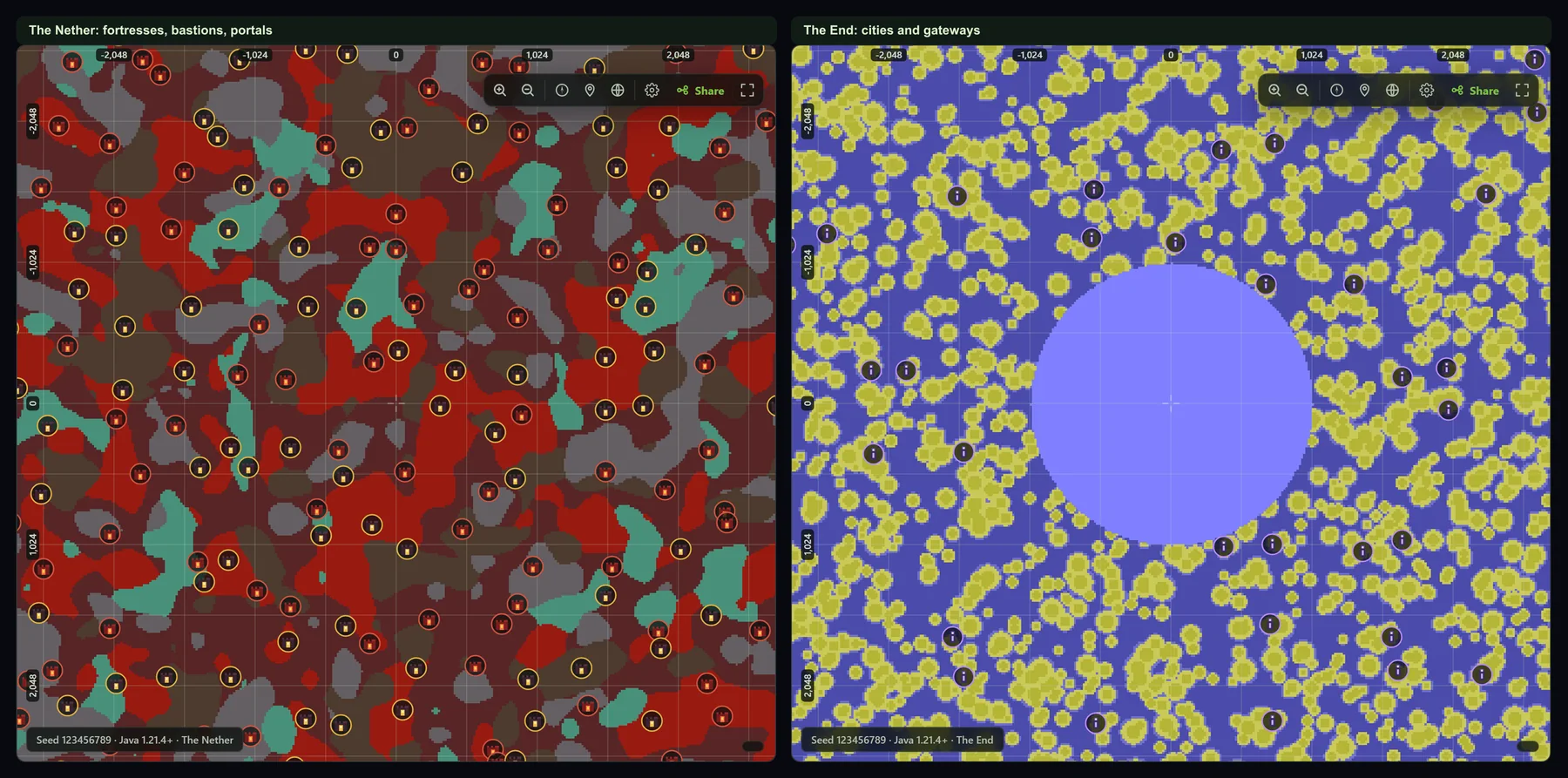 Side-by-side Minecraft seed map screenshots of the Nether with fortress, bastion, and ruined portal markers and the End with End city and gateway markers.