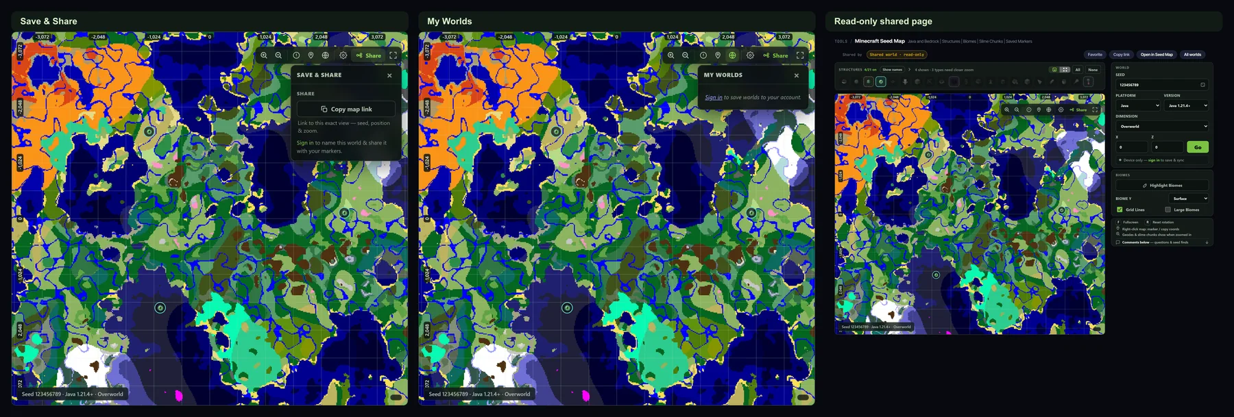 Seed Map sharing workflow showing Save and Share, My Worlds, and a read-only shared world page view.