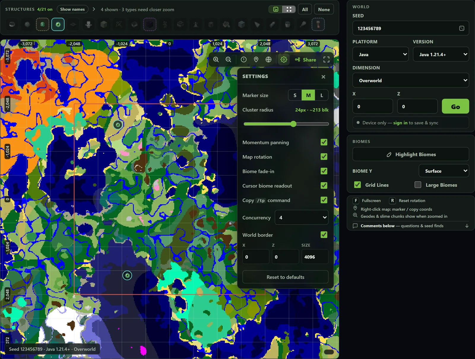 Seed Map settings panel with marker size, cluster radius, Copy /tp command, concurrency, cursor biome readout, and world border fields.