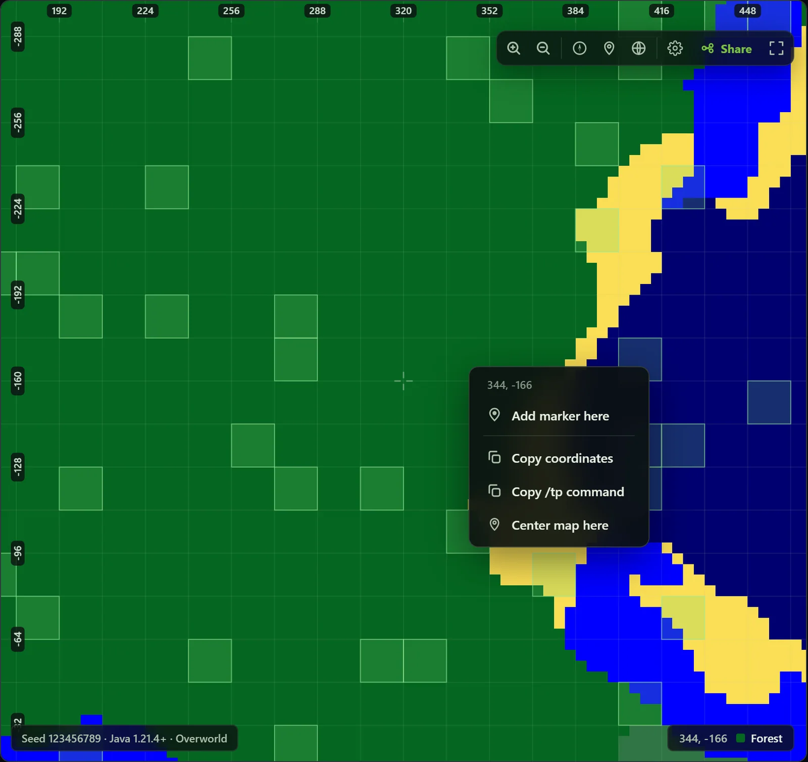 Slime chunk finder at close zoom with chunk grid lines, slime chunk boxes, biome readout, and right-click coordinate menu.