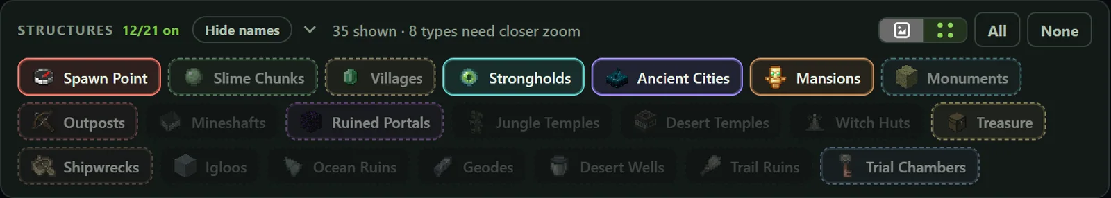 Structure toolbar with Overworld layers enabled, icon and dot display buttons, All and None buttons, and zoom-gated structure layers.