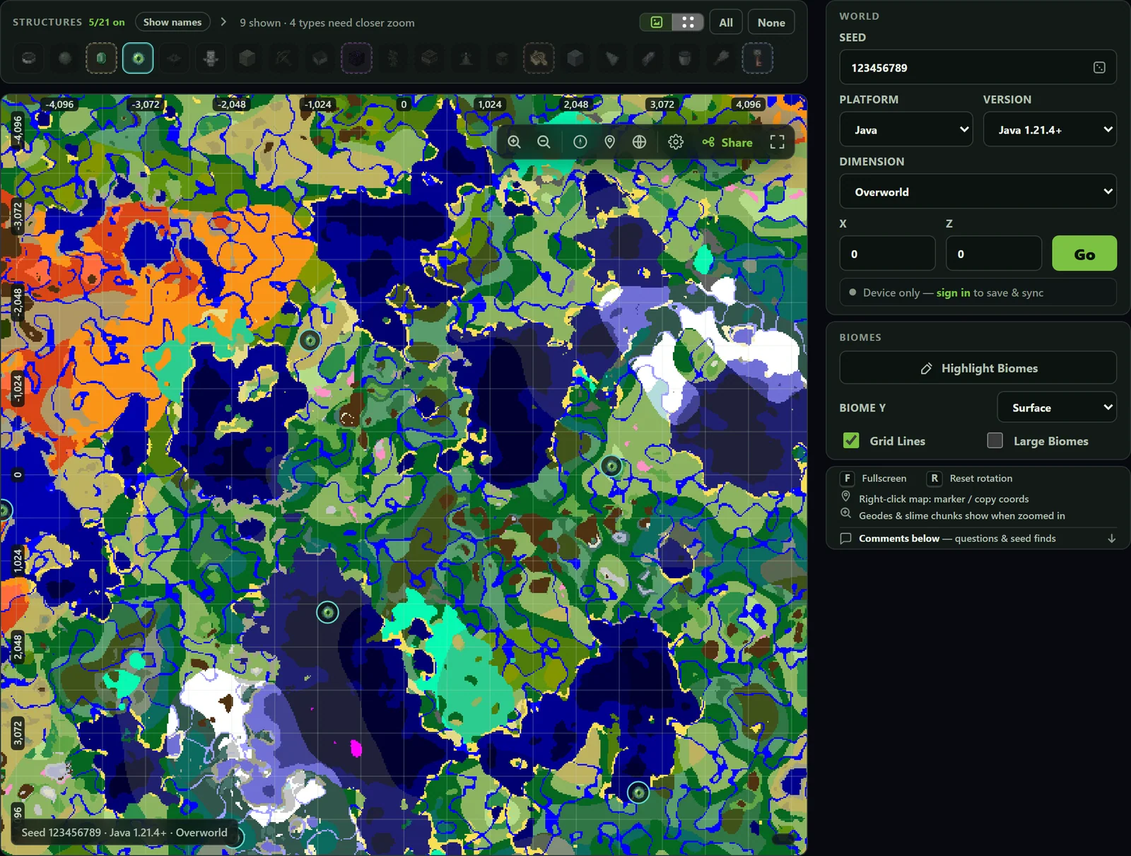 Minecraft Seed Map world controls showing seed, platform, version, dimension, X and Z boxes, Biome Y, Grid Lines, and Large Biomes.